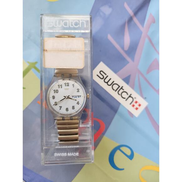 Vintage Swatch Watch MONOCULAR GK717 Daydate Dial with flex steel Band NIB - Picture 11 of 11